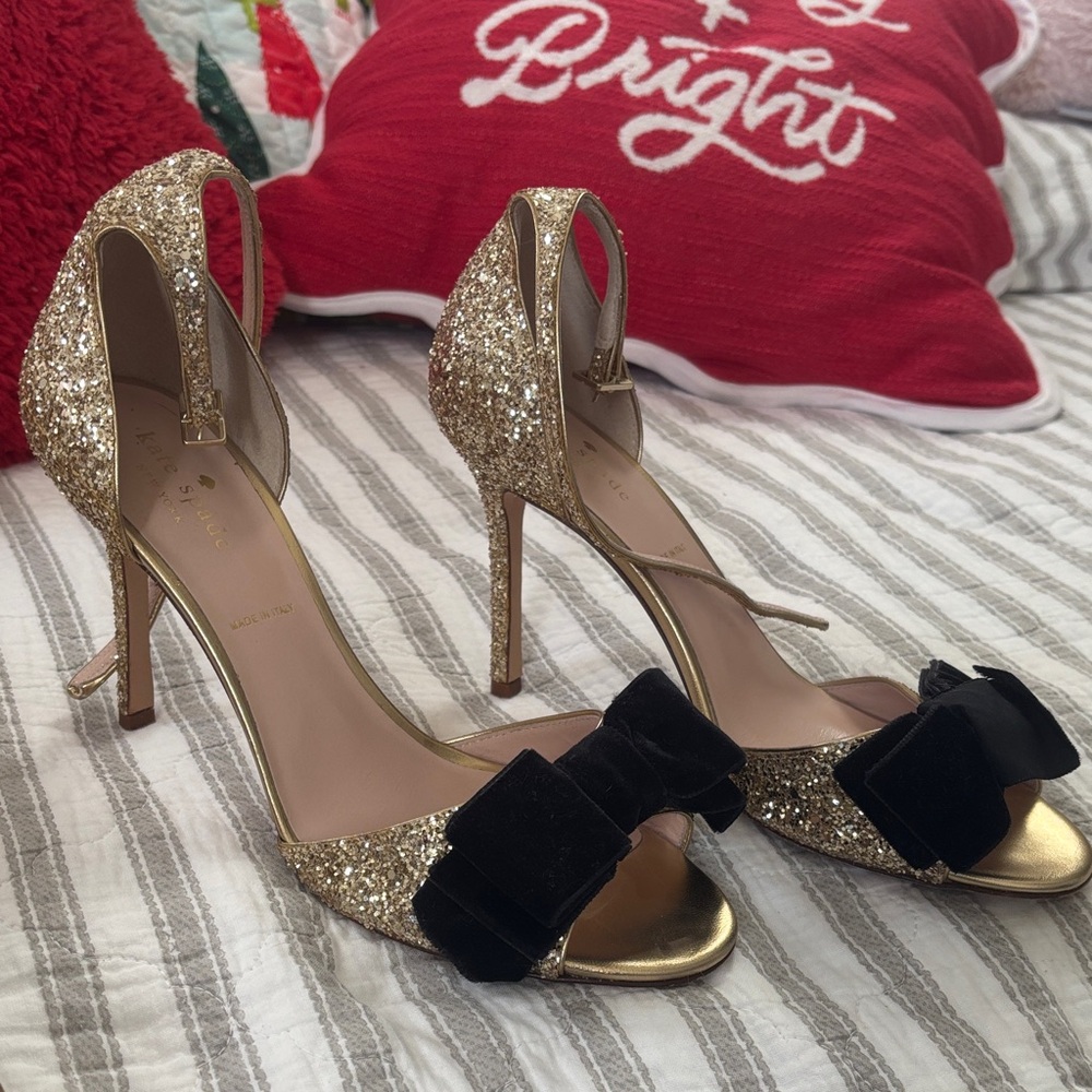 Rare Kate Spade Irwin Gold Glitter Black Velvet Bow Heels - Size 9, Never Worn